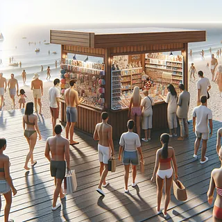 Realistic stock image of beachgoers buying souvenirs.