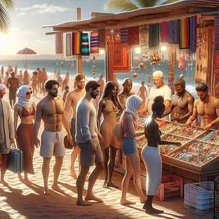 Realistic stock image of beachgoers buying souvenirs