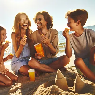 Caucasian family enjoying snacks on a sunny beach.